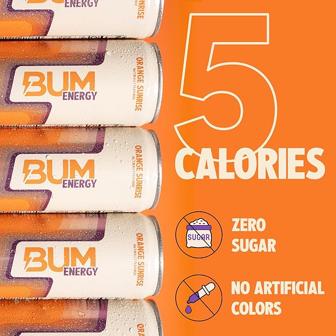 BUM Sugar-Free Energy Drink, Orange Sunrise - Lightly Carbonated & No Artificial Colors, Natural Caffeine & Citicoline for Energy & Focus, Brain Boost & Workout Sports Beverage - 12 oz, Pack of 12