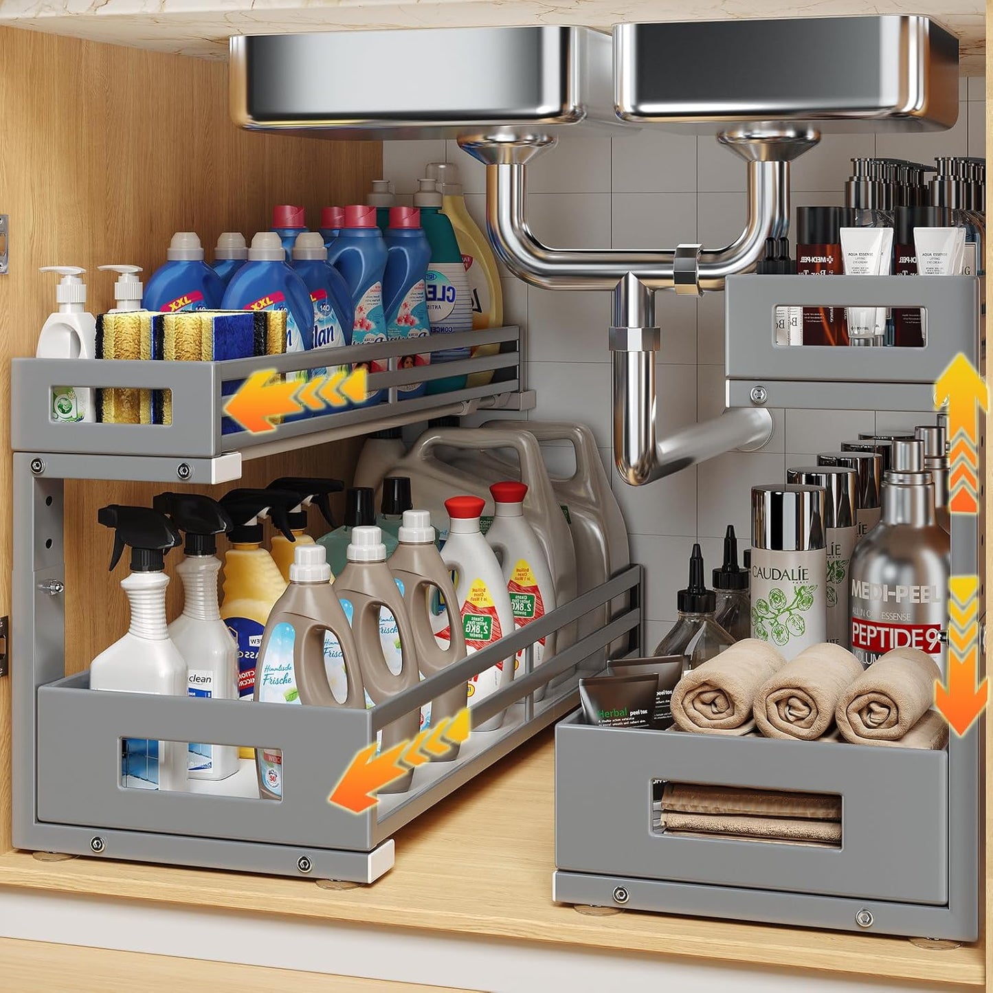 2-Pack 20.47"Deep Under Sink Organizer And Storage,2-Tier L-Shaped Pull Out Cabinet Organizer with Upgraded Slide Rails,Height Adjustable Drawers for Kitchen&Bathroom,Extra-Large Storage Shelves–Gray