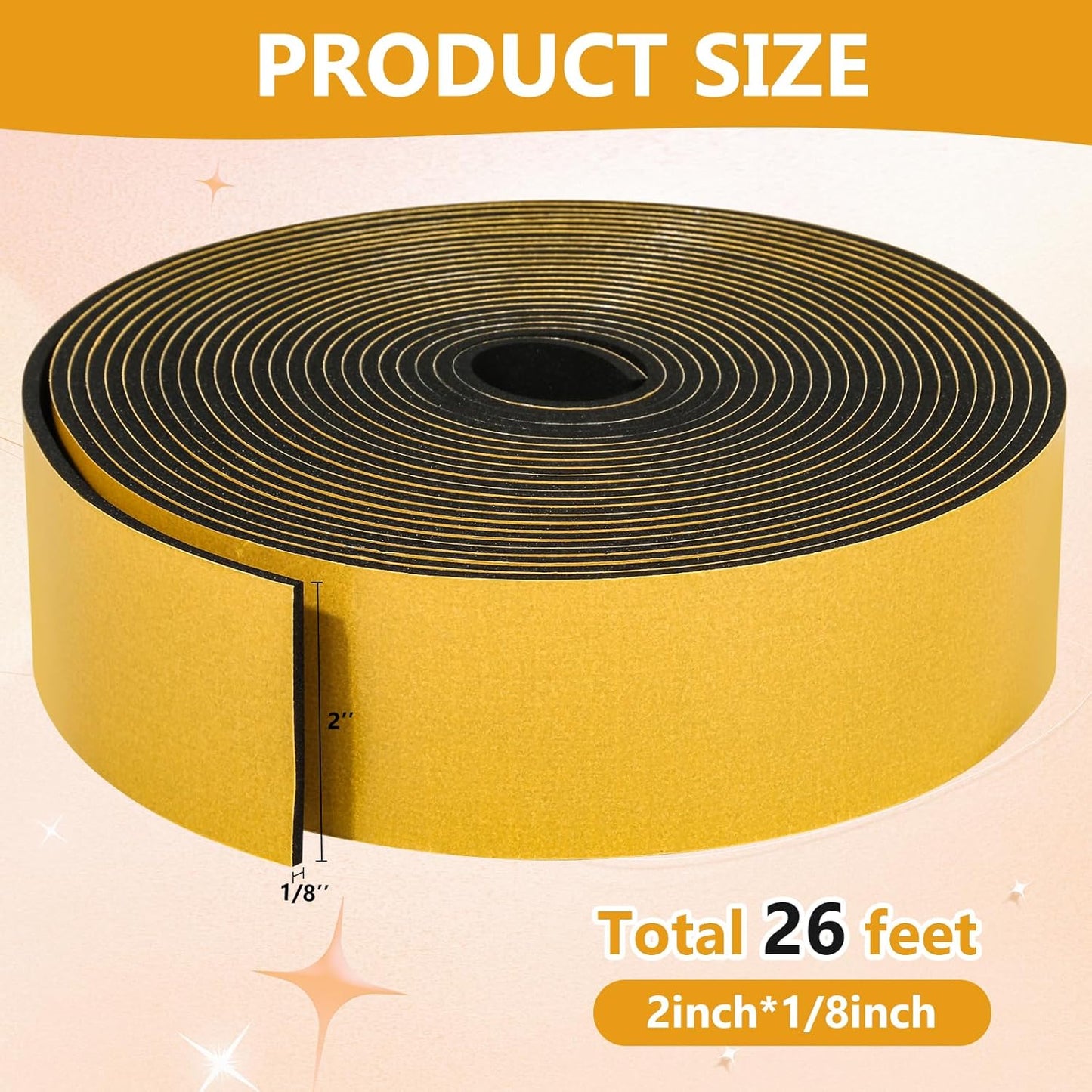 26Feet Weather Stripping Seal (2 Inch X 1/8 Inch) for Door Window, High Density Foam Tape, Soundproofing, Insulation Strip, Door Sealers for Door Frame- Black