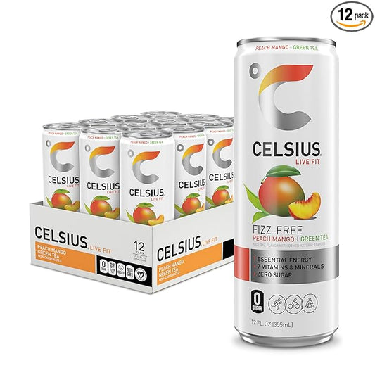 CELSIUS Peach Mango Green Tea, Functional Essential Energy Drink 12 Fl Oz (Pack of 12)