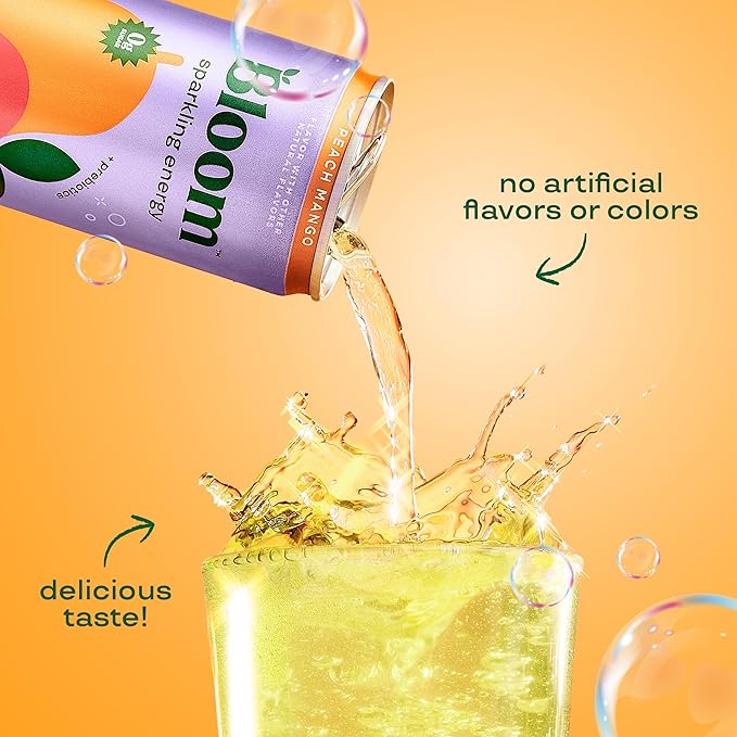 Bloom Nutrition Sparkling Energy Drink for Focus, Natural Caffeine, Zero Sugar, 180mg Caffeine, Antioxidant-Rich with Green Coffee Bean, Green Tea Extract, & Prebiotics, Peach Mango 12oz 24 Pack