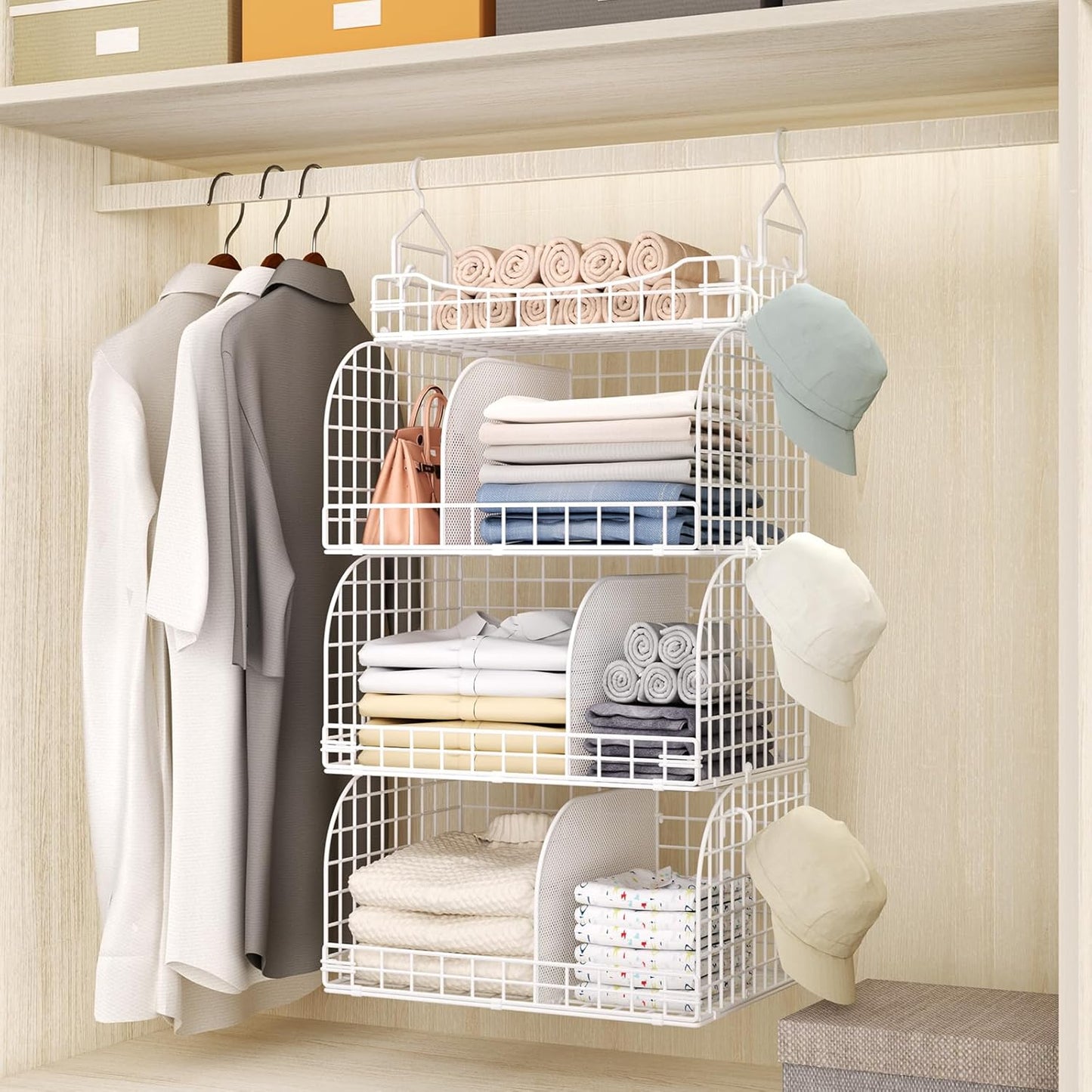 HapiRm Hanging Closet Organizer Storage - 3 Tier Metal Stackable Hanging Closet Shelves with Dividers and S Hooks, Foldable Clothes Shelves for Clothes, Pants, Shoes, Coat, Hats Clutches Accessories