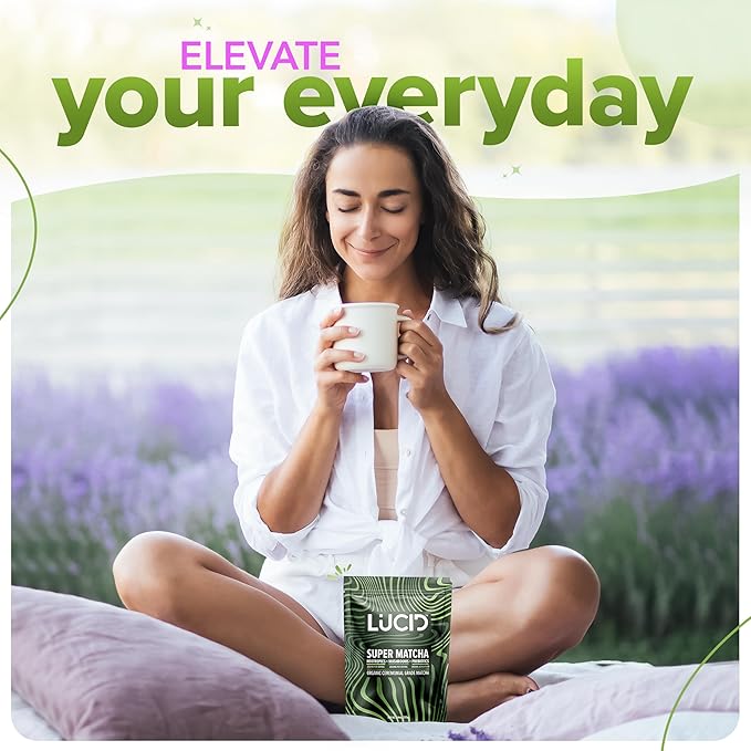 Lucid Superfood Organic Mushroom Matcha with Nootropics - Lion's Mane, Tremella, Cordyceps & Turkey Tail - Instant Mushroom Matcha Focus Brain Health - Alpha GPC, L-Theanine, Ginko Biloba - USA Made
