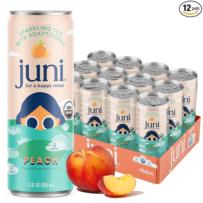 Juni Sparkling Adaptogen Drink with Ashwagandha, Lion’s Mane & Reishi Mushrooms | Green Tea for Focus, Zero Sugar, 5 Calories, Organic | Non Alcoholic Drinks - Peach 12 pack
