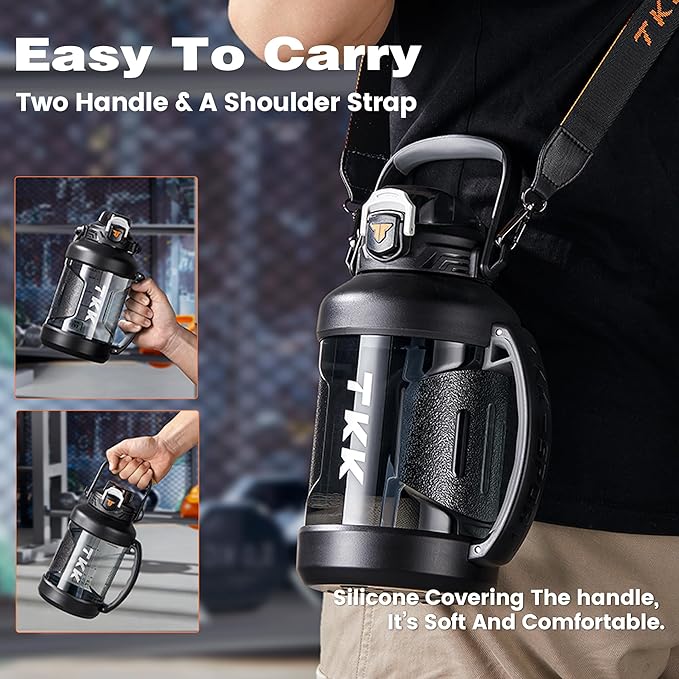 TKK Half Gallon Water Jug Sport Bottle with Straw 2 in 1 Lid Dishwasher Safe BPA Free Leakproof Large Capacity Tritan Plastic Bottle 1/2 Gallon 64oz Water Bottle for Gym Travel Camping Outdoor, Gray