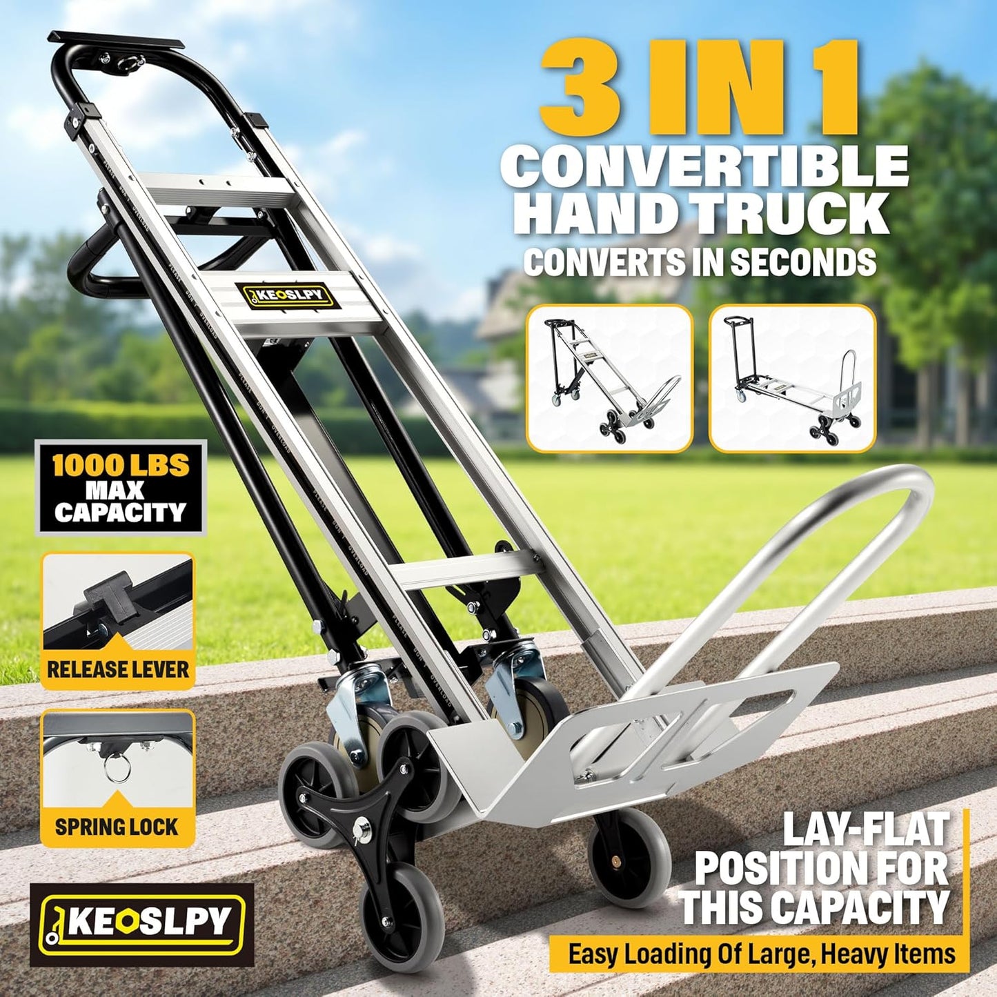 3 in 1 Industrial Convertible Hand Truck, 1000 LBS Capacity Heavy Duty Platform Cart, Utility Aluminum Collapsible Dolly with Stair Climbing Wheels and Dual Handles for Transport, Moving