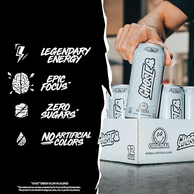 GHOST Energy Drink - 12-Pack, Original, 16oz - Energy & Focus & No Artificial Colors - 200mg of Natural Caffeine, L-Carnitine & Taurine - Gluten-Free & Vegan