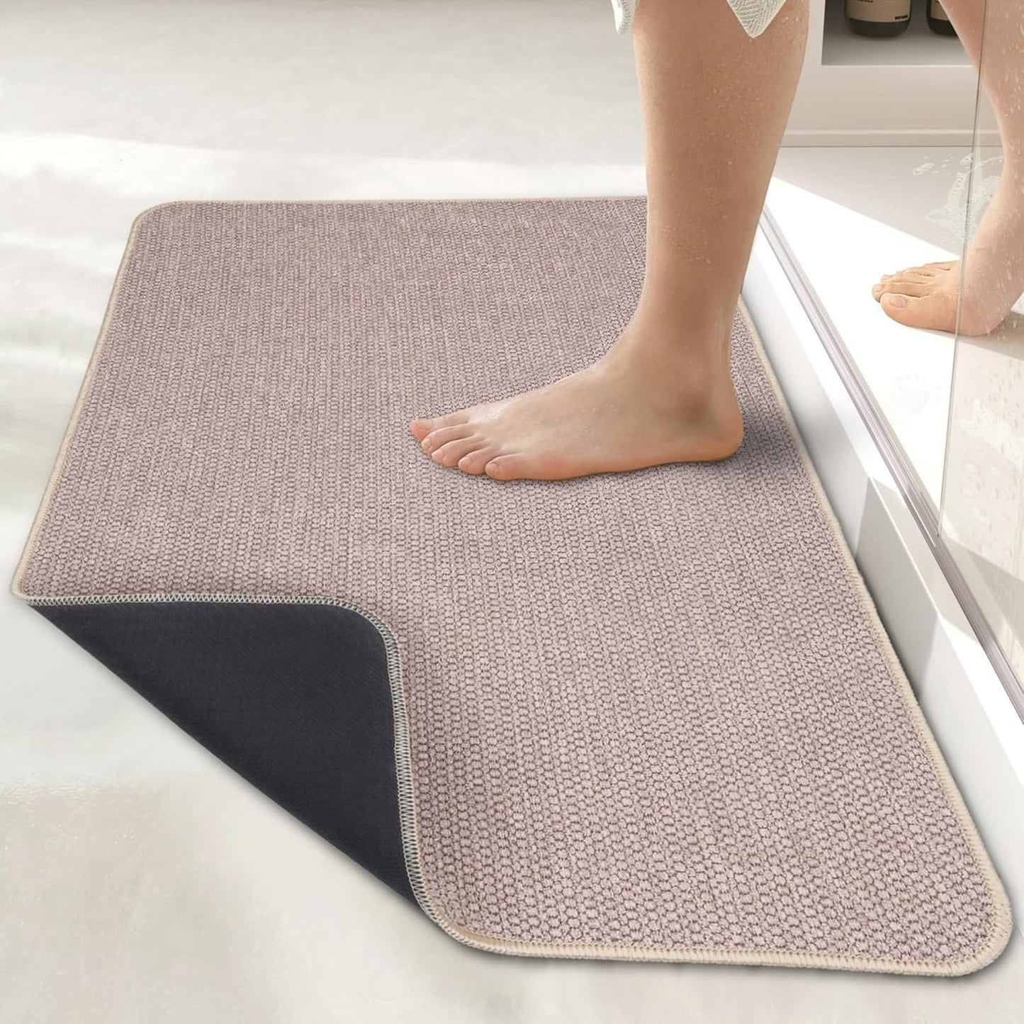 Bath Mat,Ultra Thin Bathroom Rugs,Rubber Bath Mats for Bathroom,No Slip Bath Rugs,Quick Dry,Machine Washable,Low Pile,Absorbent,Shower Outside,Sink,Home Decor Accessories.Beige,1'8"x2'8"(20x32inch)