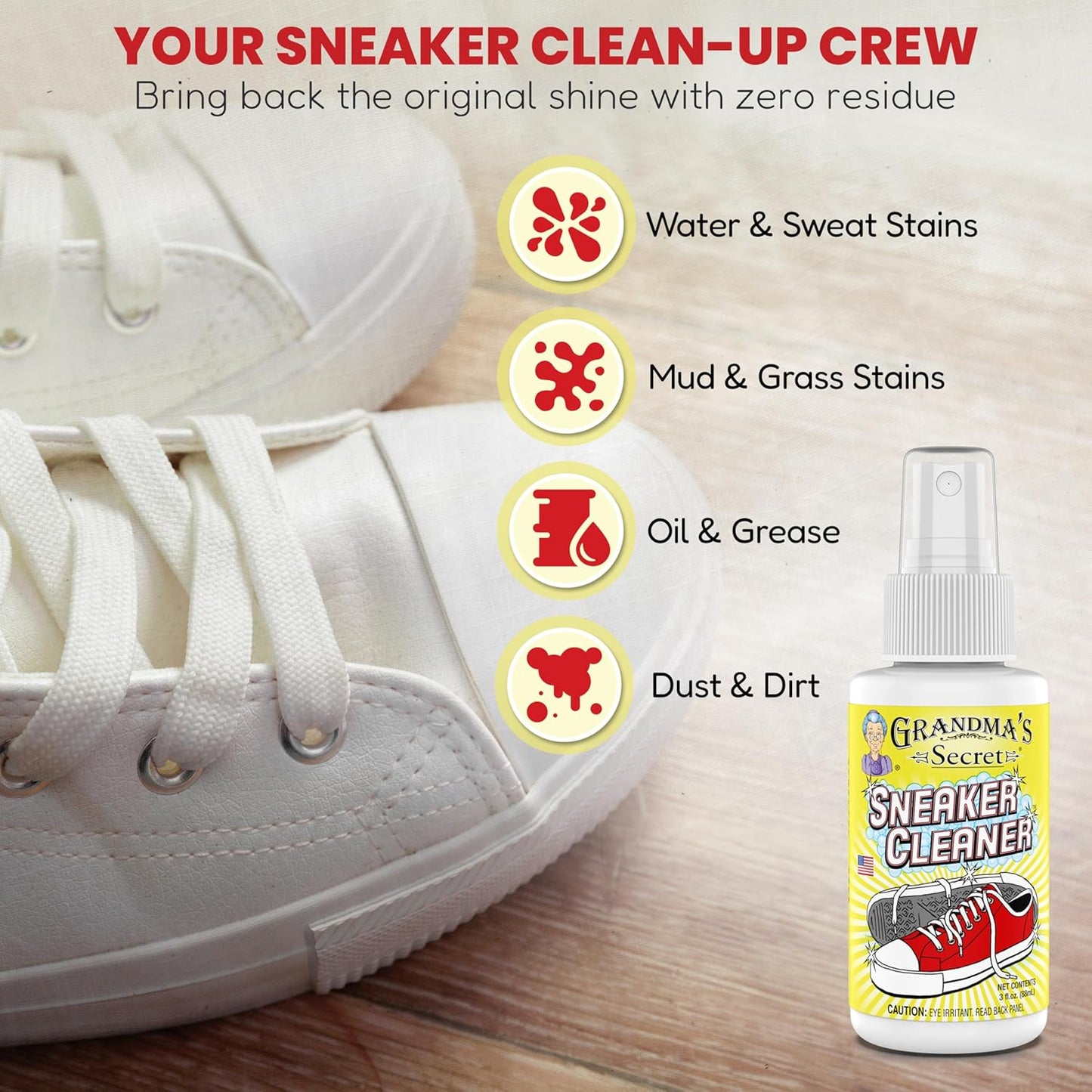 Grandma's Secret Sneaker Cleaner - Shoe Cleaner for Rubber, Canvas and Leather - Stain Remover Spray Removes Dirt, Grime and Grass - Sneakers Cleaner for Outdoor Shoes, Slippers and Moccasins – 3 oz