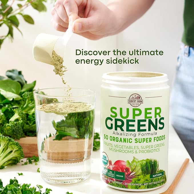 Country Farms Super Greens Natural Flavor, 50 Organic Super Foods, USDA Organic Drink Mix, Fruits, Vegetables, Super Greens, Mushrooms & Probiotics, Supports Energy, 40 Servings, 10.6 Oz, 2 Pack