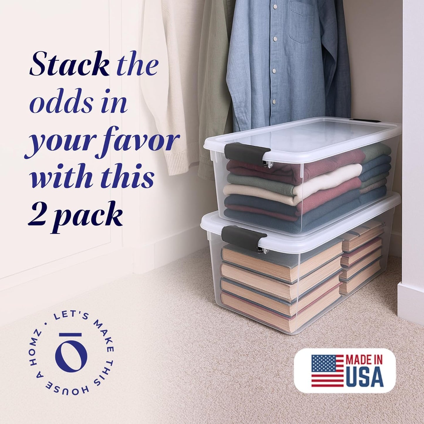 HOMZ 2-Pack Latching Lid, Large Clear Plastic Storage Bins with Lids, 66 Quart, Gray Latch - Stackable Container Boxes for Home, Bathroom, and Office Organization