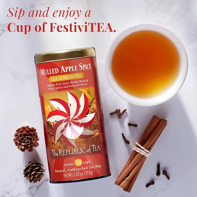 The Republic of Tea - Mulled Apple Spice Herbal Tea Tin, 36 Tea Bags, Naturally Caffeine Free