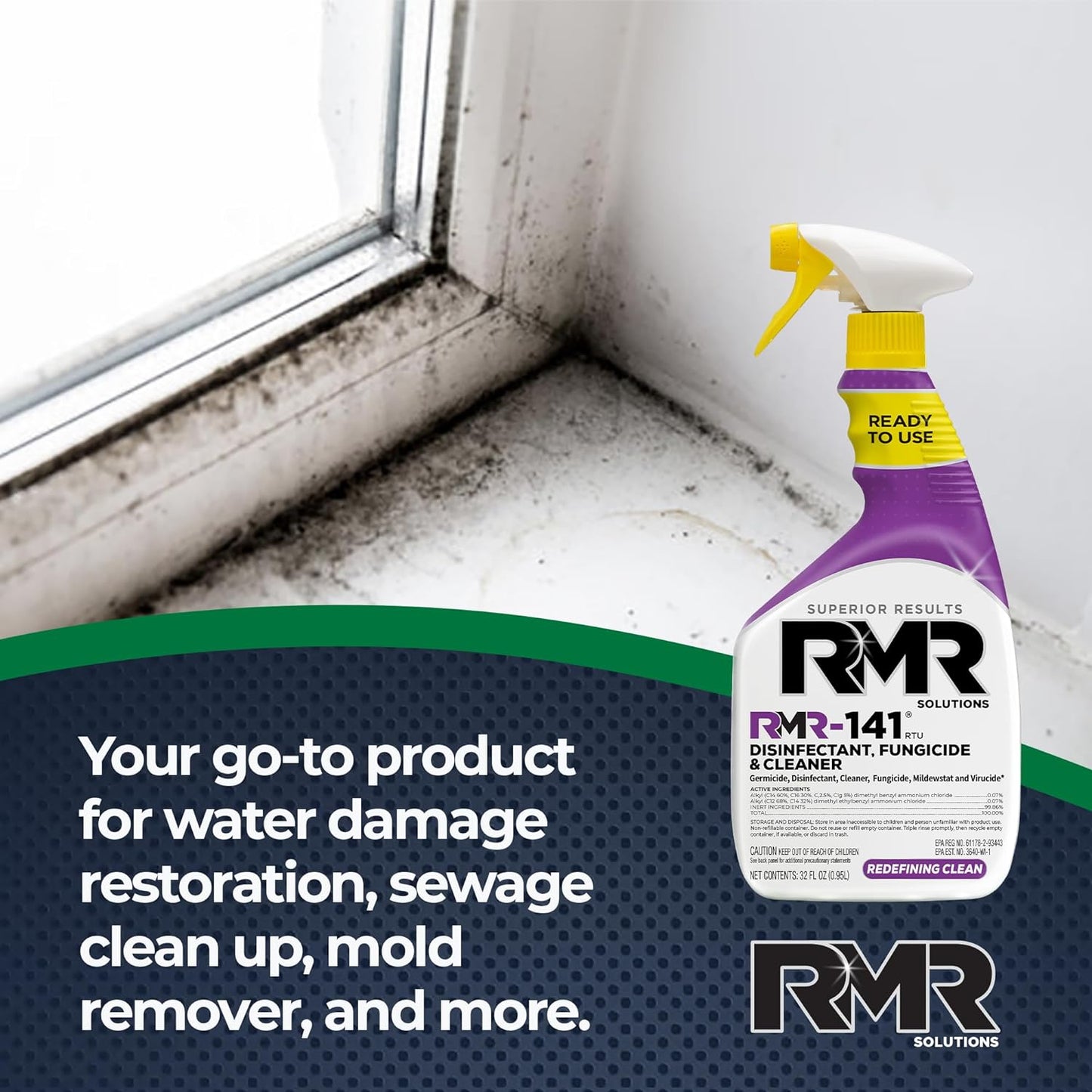 RMR-141 EPA Registered Mold and Mildew Killer, Eliminates Odors, Removes Mold, Mildew, Bacteria, and Viruses, 2-Pack of 32-Ounce Bottles