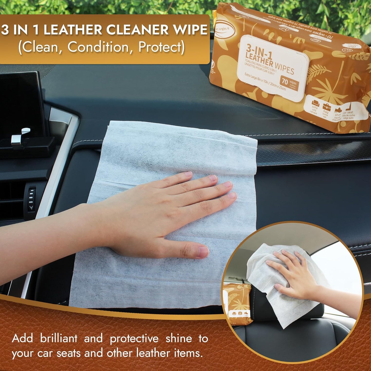 Air Jungles 3in1 Leather Wipes 140 Count, Extra Large 8" x 10" Size, Clean Condition Protect Wipes for Vinyl and Leather Apparel Furniture Auto Car Interior Shoes Boots Bags