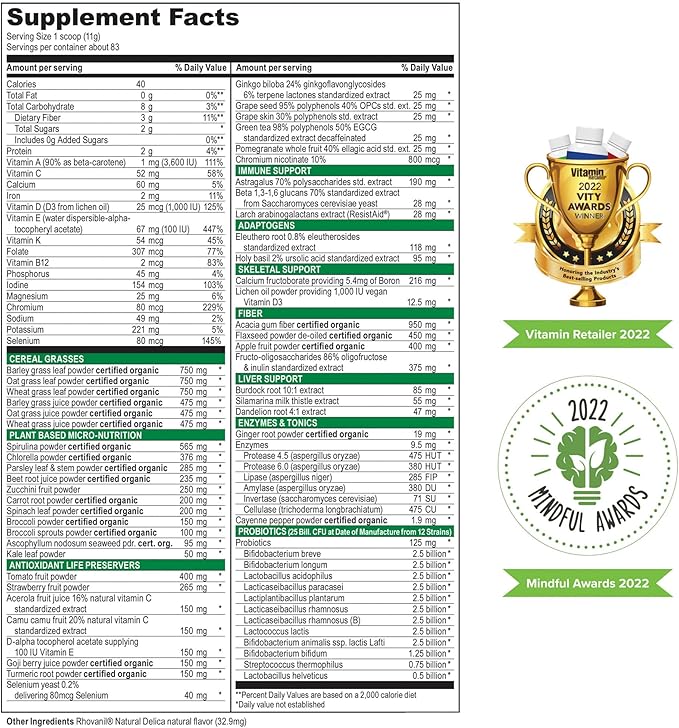 Vibrant Health, Green Vibrance, Includes 65 Plant-Based Superfoods, 25 Billion Probiotics, Fiber, Adaptogens & Enzymes, 83 Servings