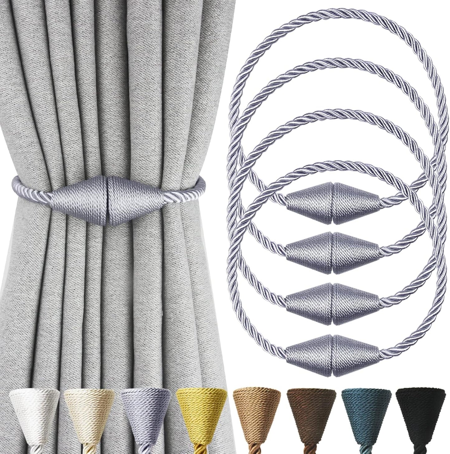 4 Pack Magnetic Curtain Tiebacks Rope Modern Handmade Curtain Tie Backs Decorative Drapes Weave Holdbacks for Window Décor, Grey