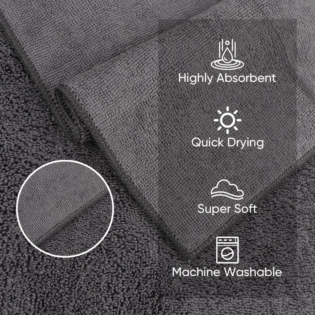 HOMEXCEL Microfiber Washcloths 50 Pack, Highly Absorbent and Soft Face Towel, Multi-Purpose Wash Cloths for Bathroom, Gym, Hotel, Spa and Kitchen, Multicolor 12x12 Inch, Grey