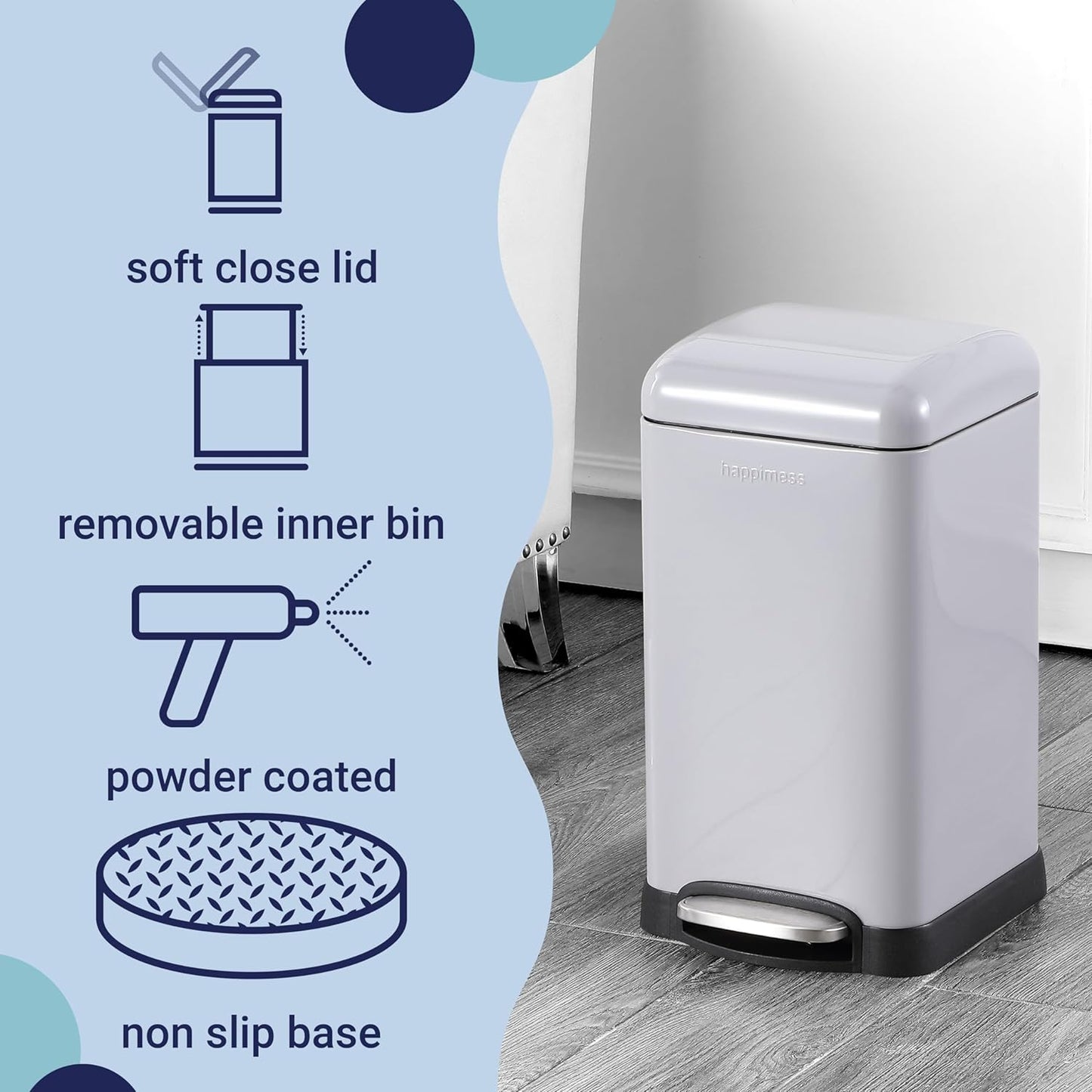 happimess HPM1012E Betty Retro Mini 3.2-Gallon Step-Open Trash Can, Fingerprint Resistant, Modern, Minimalistic for Home, Kitchen, Laundry Room, Office, Bedroom, Bathroom, Fog Gray