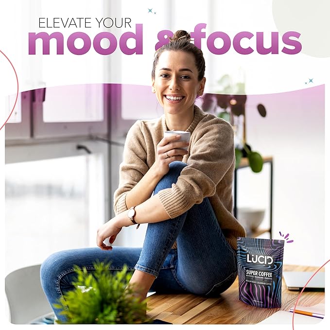 Lucid Superfood Organic Mushroom Coffee with Nootropics - Lion's Mane, Tremella, Cordyceps & Turkey Tail - Instant Mushroom Coffee Focus Brain Health - Alpha GPC, L-Theanine, Ginko Biloba - USA Made