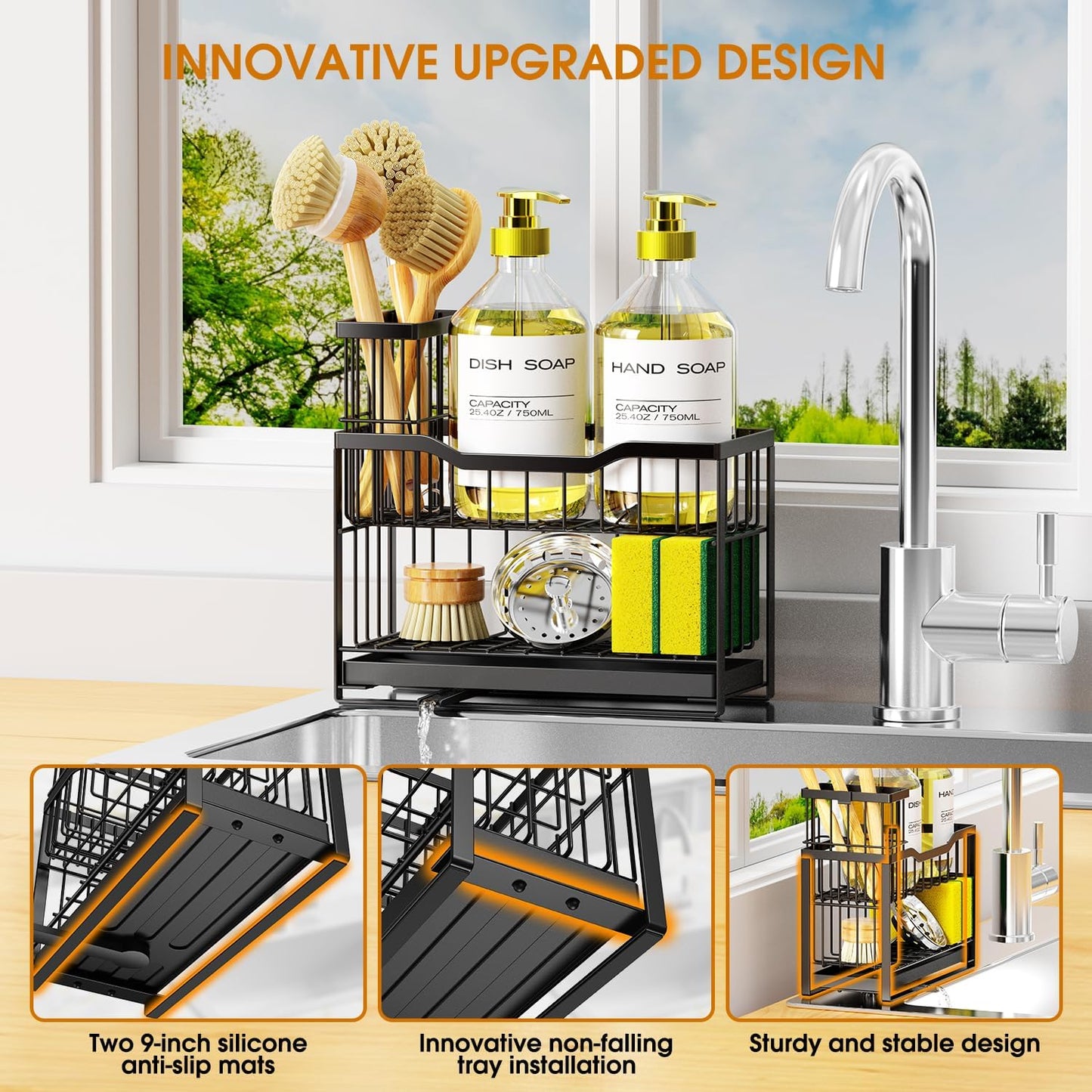 2-Tier Kitchen Sink Caddy with High Brush Holder&Self-Draining Tray,Rustproof&Non-Slip Sink Sponge Holder,Kitchen Countertop Storage Organizer,Soap Dispenser Storage - Black