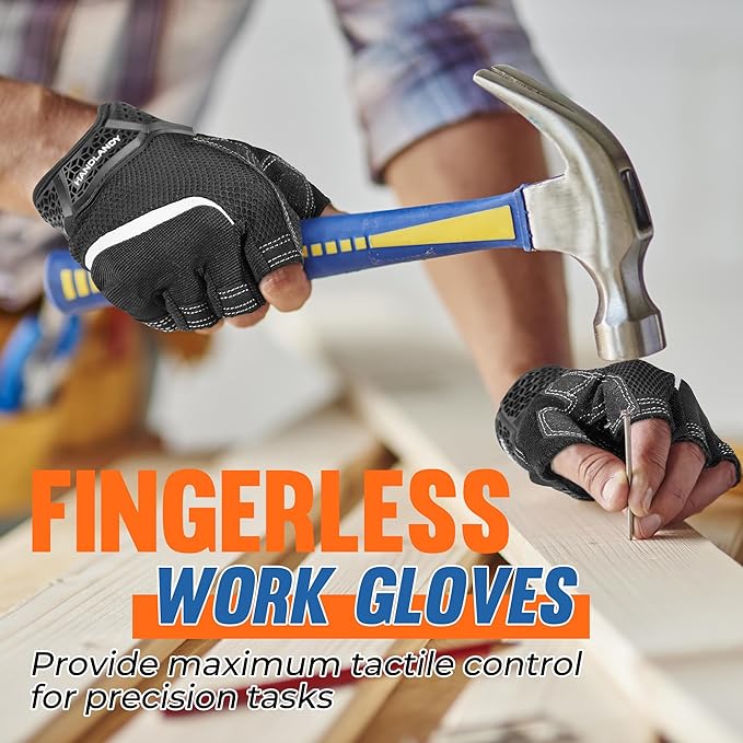 HANDLANDY Fingerless Work Gloves for Men, Half Finger Working Glove Grip Shock-Absorbing Breathable Uwrist TPR Anti-collision Gloves for Mens & Women (Black, L)