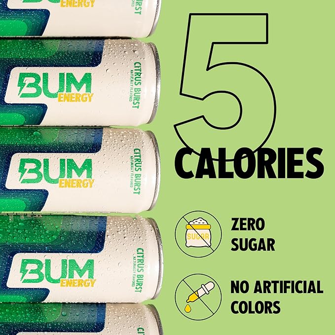 BUM Sugar-Free Energy Drink, Citrus Burst - Lightly Carbonated & No Artificial Colors, Natural Caffeine & Citicoline for Energy & Focus, Brain Boost & Workout Sports Beverage - 12 oz, Pack of 12