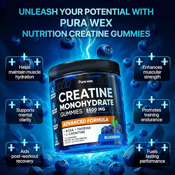 Creatine Monohydrate Gummies 8500mg Complex for Men & Women - Pre Workout Creatine Chews for Muscle Growth, Strength & Energy, Sugar Free, Vegan, Blueberry Flavor - 120 Count