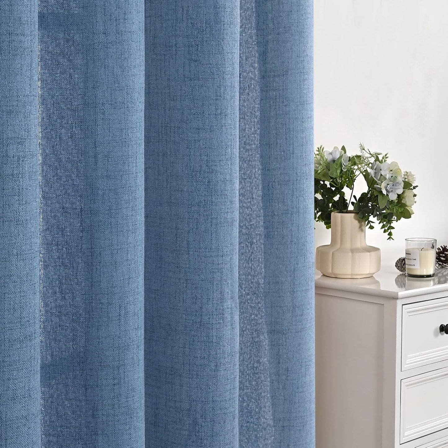 YoungsTex Denim Blue Linen Curtains 63 Inch Length for Bedroom - Light Filtering Semi Sheer Drapes with Back Tab Rod Pocket for Short Window Living Room Office Kitchen, 52 x 63 Inch, 2 Panels
