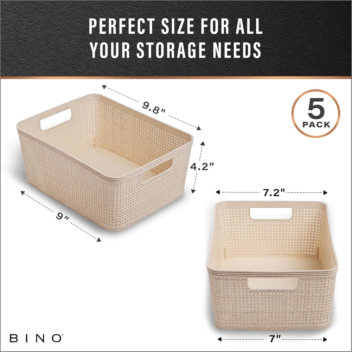 BINO | Woven Plastic Basket | Small (Natural), 5-Pack | THE JUTE COLLECTION | Home Organization, Space - Saving Storage, Stylish Design | Jute Basket | Plastic Storage Basket