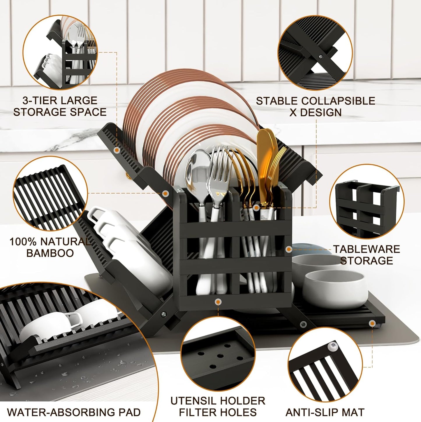 Greenual Black Bamboo Dish Drying Rack with Utensil Holder, 3 Tier Collapsible Dish Rack, Wooden Dish Racks for Kitchen Counter, Large Folding Drying Holder with Absorbent Dish Drying Mat