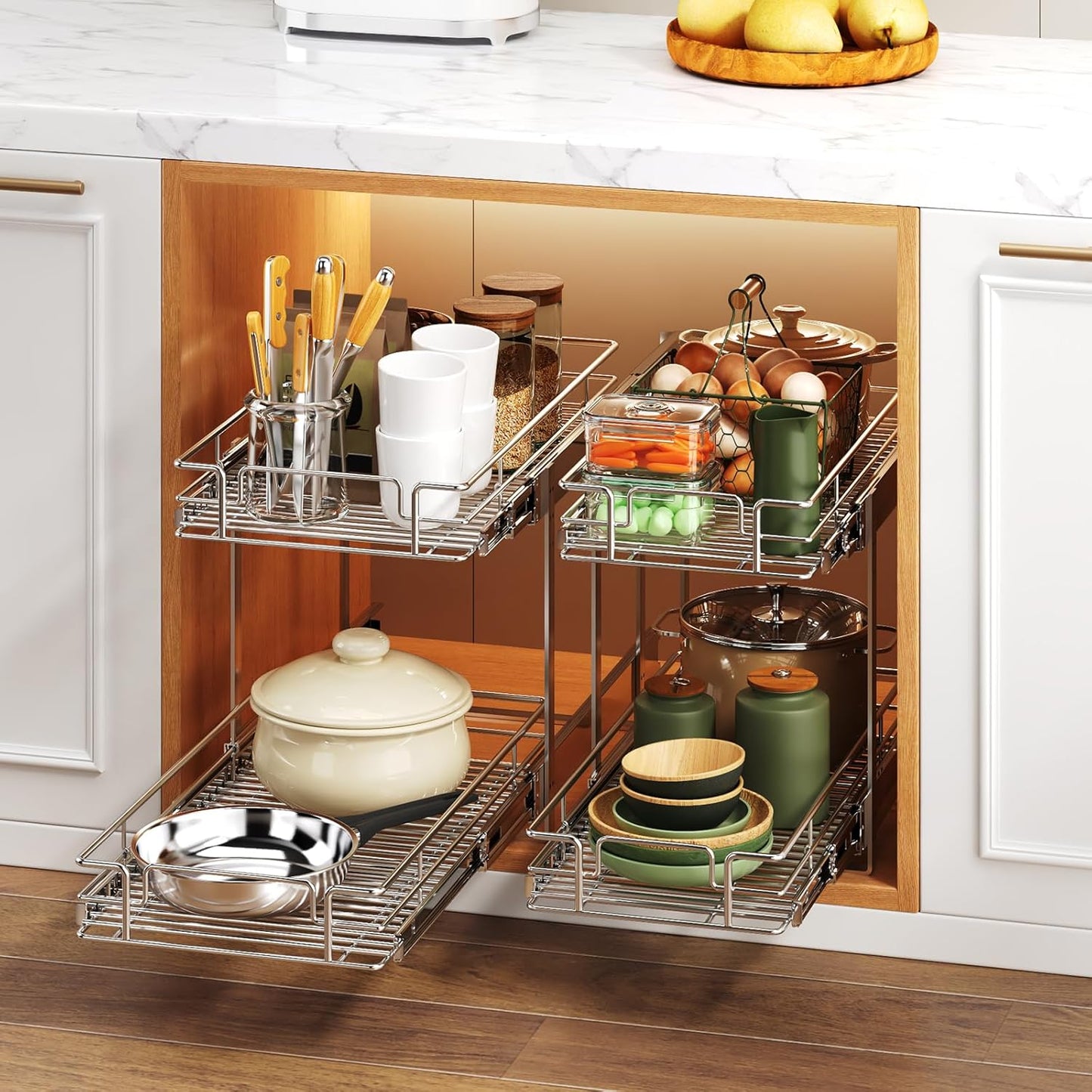 2 Tier Individual Pull Out Cabinet Organizer 13½" W x 21½" D, Heavy Duty Cabinet Pull Out Shelves, Slide Out Drawers Organization for Kitchen Cabinets Bathroom