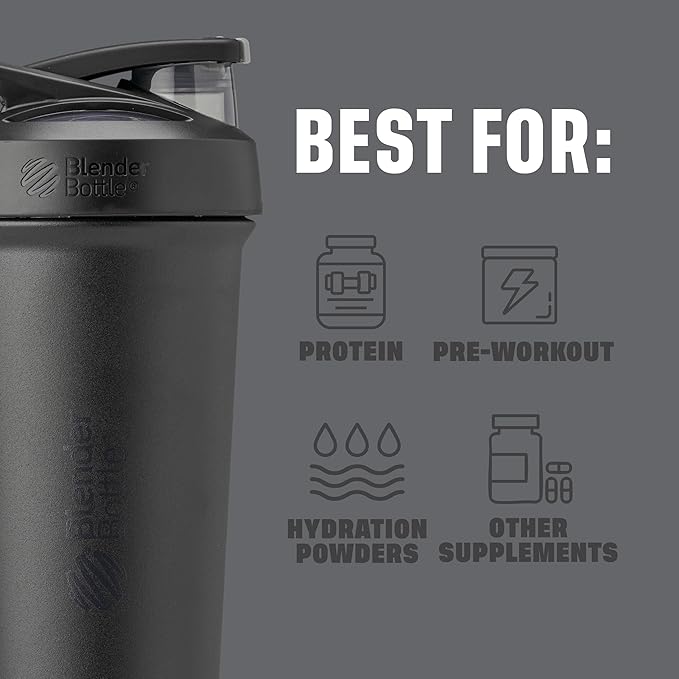 BlenderBottle Strada Sleek Shaker Cup Insulated Stainless Steel Water Bottle with Wire Whisk, 25-Ounce, Black