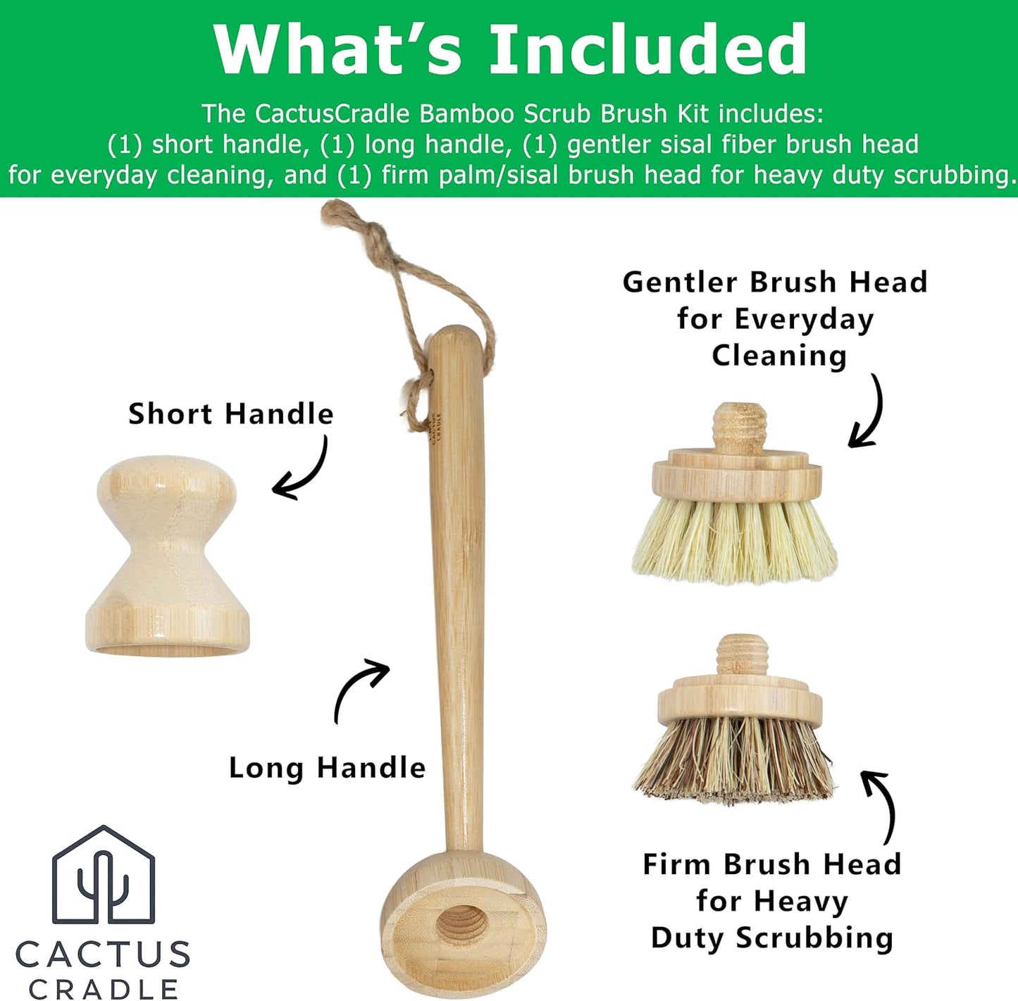 Cactus Cradle Bamboo Scrub Brush Kit – 4-Piece Dish Brush Set with 2 Handles & 2 Interchangeable Heads | Plastic-Free, Non-Toxic, Non-Scratch Cleaning for Dishes, Pots, Pans & Produce