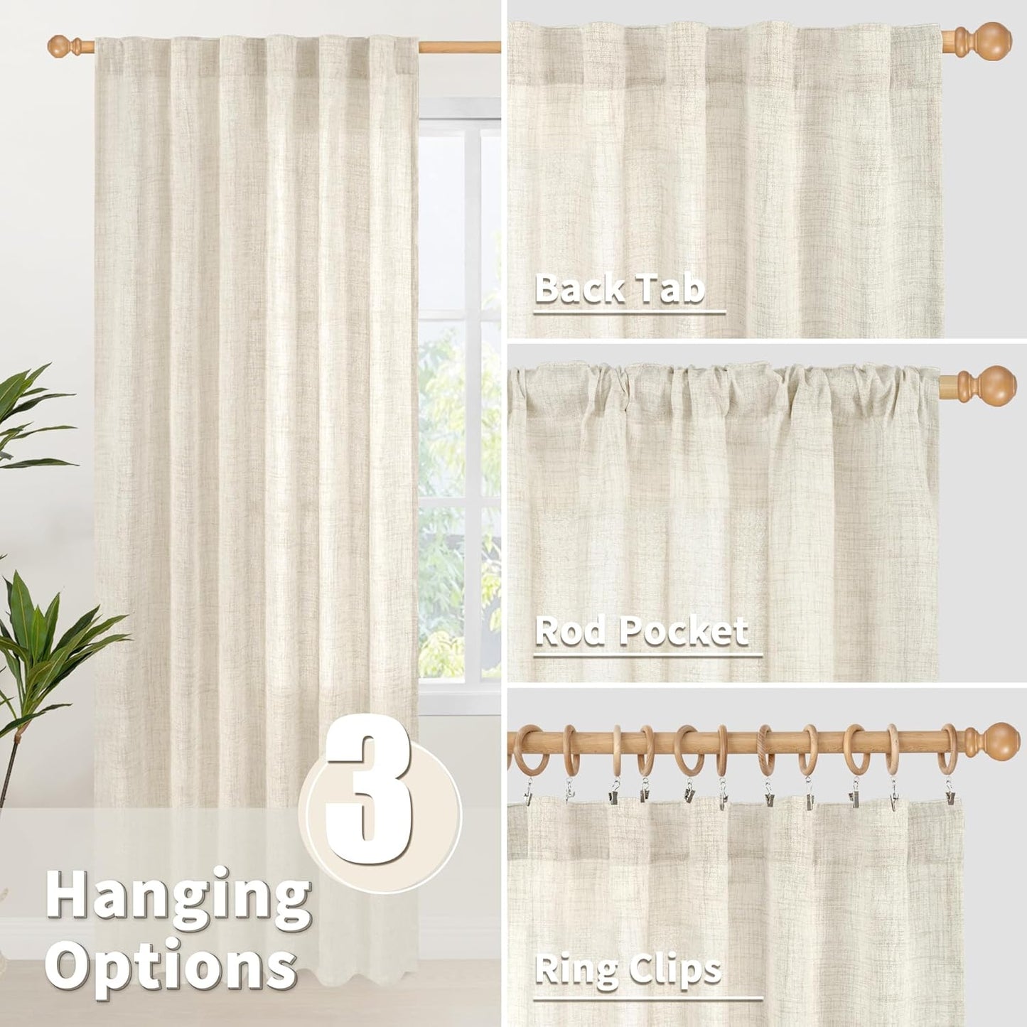 YoungsTex Linen Curtains 40 Inch Length for Kitchen, Semi Sheer Short Window Drapes with Rod Pocket Back Tab Light Filtering for Living Room Bathroom Cafe, 2 Panels, 30 X 40 Inch