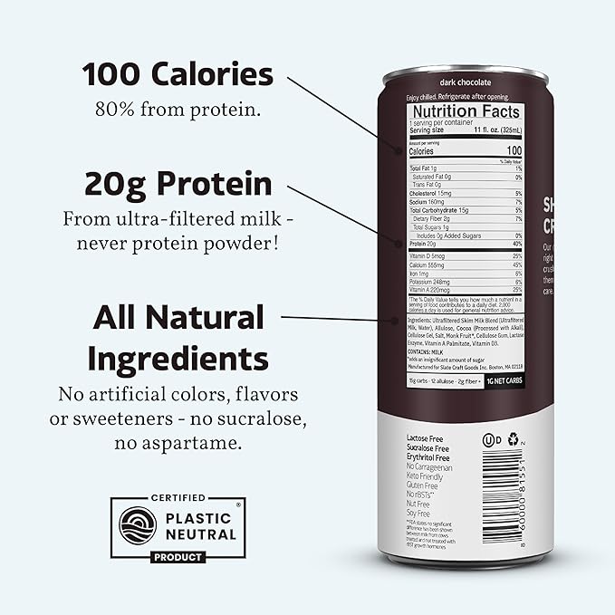 Slate Milk - High Protein Milk Shake - Dark Chocolate - Lactose Free, 20g Protein, 1g Sugar, 100 Calories, 1g Net Carbs, No Added Sugar - Natural, Breakfast Boost, Post Workout - 11 fl oz, 12 Cans