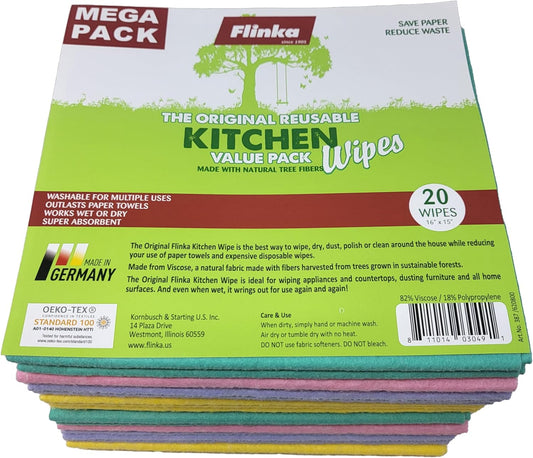 Flinka Kitchen Wipes 20 Count Mega Pack - Large (16 in. x 15 in.) Reusable Cleaning Cloth - Washable Paper Towels - Eco Friendly Viscose Cloths - Assorted Variety of Colors