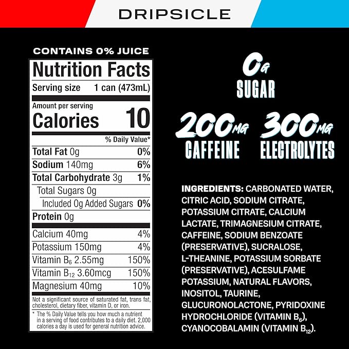 PRIME Energy DRIPSCICLE, Zero Sugar Energy Drink, 200mg Caffeine and 300mg of Electrolytes for Hydration, Vegan, Gluten Free,16 Fluid Ounce, 12 Pack