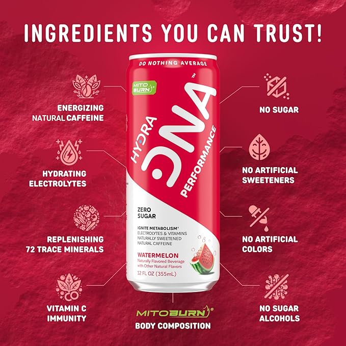 HYDRADNA- Clean Performance Drink, Zero Sugar | For Natural Fuel, Alertness, Boost, Stamina,120 mg Organic Caffeine, Natural Flavors, Zero Sucralose, Clean Ingredients (12 Pack) (12 Pack, Watermelon)