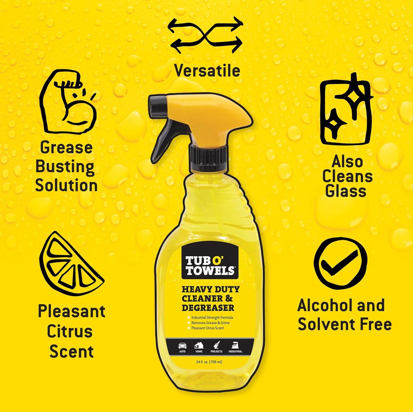 Tub O' Towels Heavy Duty Cleaner and Degreaser Spray Helps in Removing Oil Tar Paint Dirt Caulk Grease Grime Gunk Epoxies, Industrial Strength, Home & Auto, Made In USA, Citrus Scent, 24oz, 3-Pack