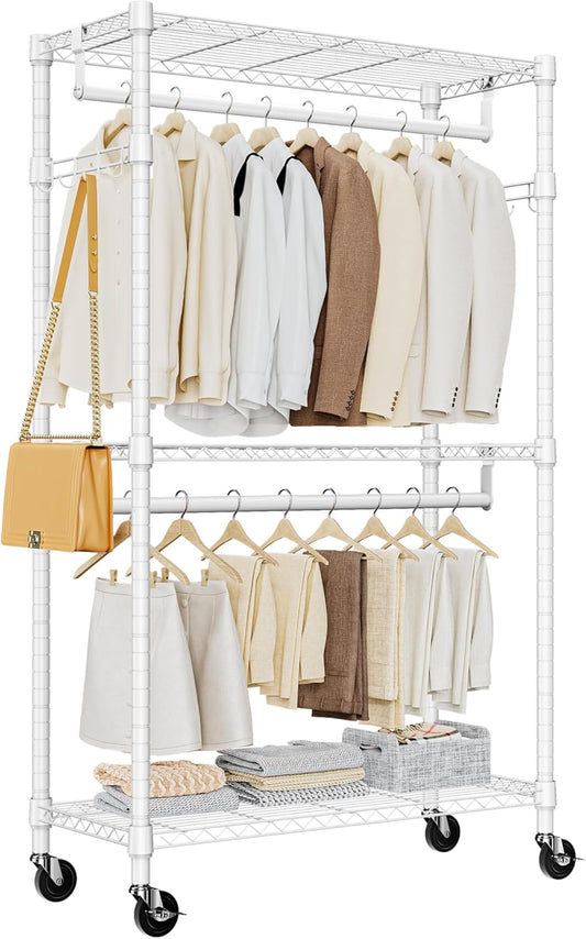 Heavy Duty Rolling Garment Rack 3 Tiers Adjustable Wire Shelving Clothes Rack with 2 Rods and Side Hooks,Storage Closet Clothing Rack with Wheels White 15.7" D x 29.5" W x 74.5" H