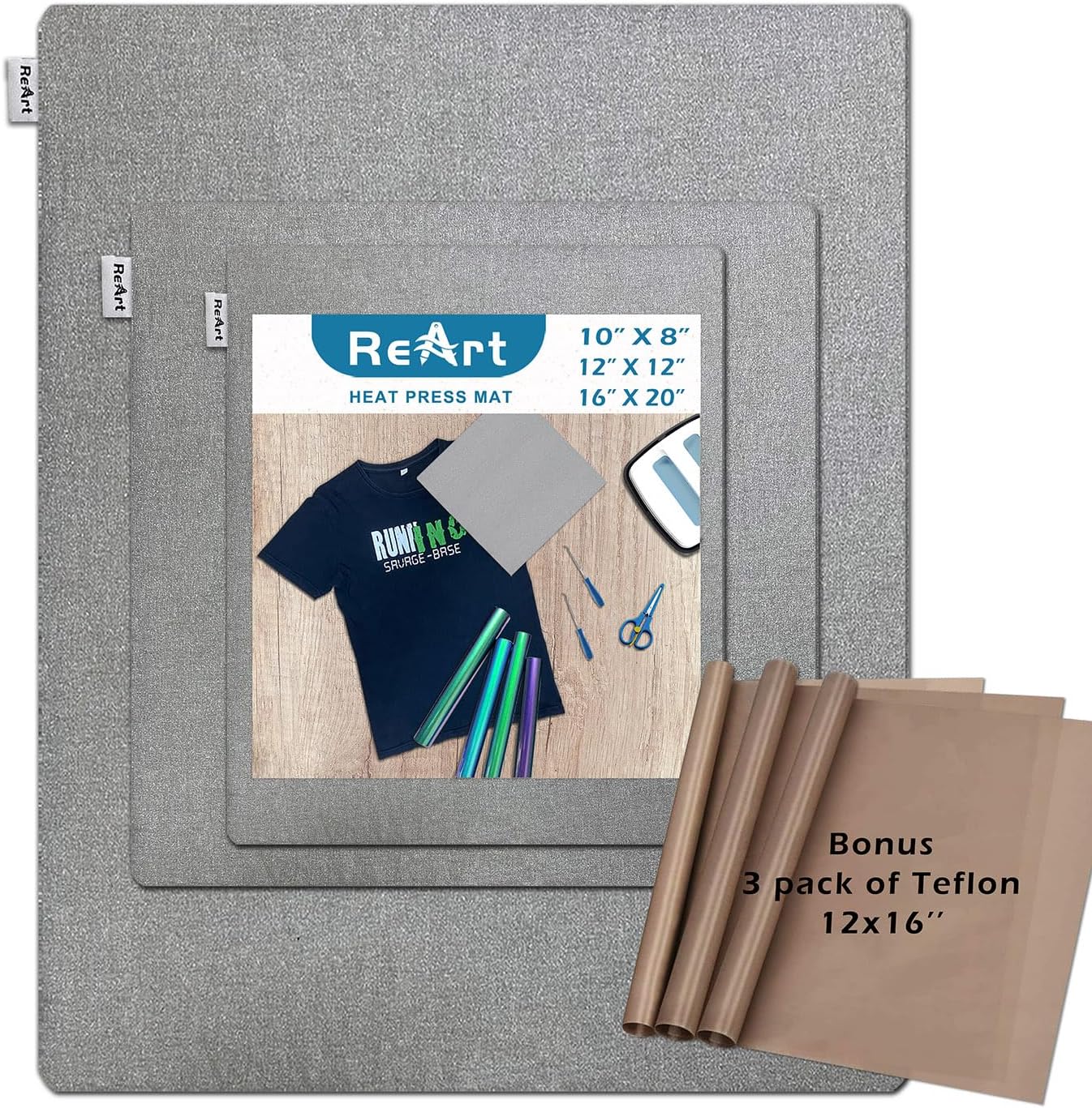 ReArt 3 Pcs Heat Press Mat 10" x 8" / 12" x 12" / 16" x 20" with 3 Pcs Teflon 12" x 16" for Cricut Easypress Both Sides Applicable - Cricket Craft Vinyl Ironing Insulation Transfer Heating Mats