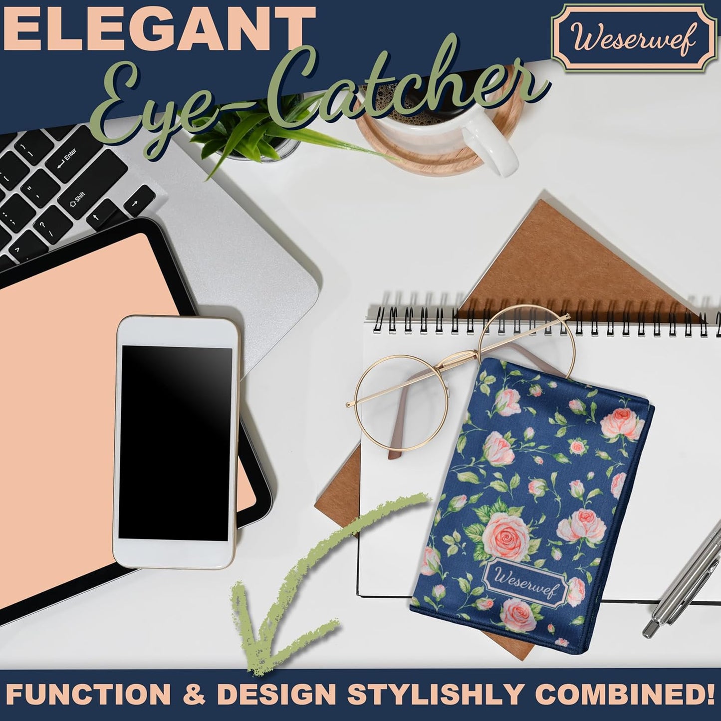 WESERWEF Design Microfiber Glasses Cleaning Cloth – Premium Cleaning Cloth for Eyeglasses, Screens, Tablets, Cameras & Lenses, 12" x 12", Ultra-Soft & Scratch-Free (Rose)