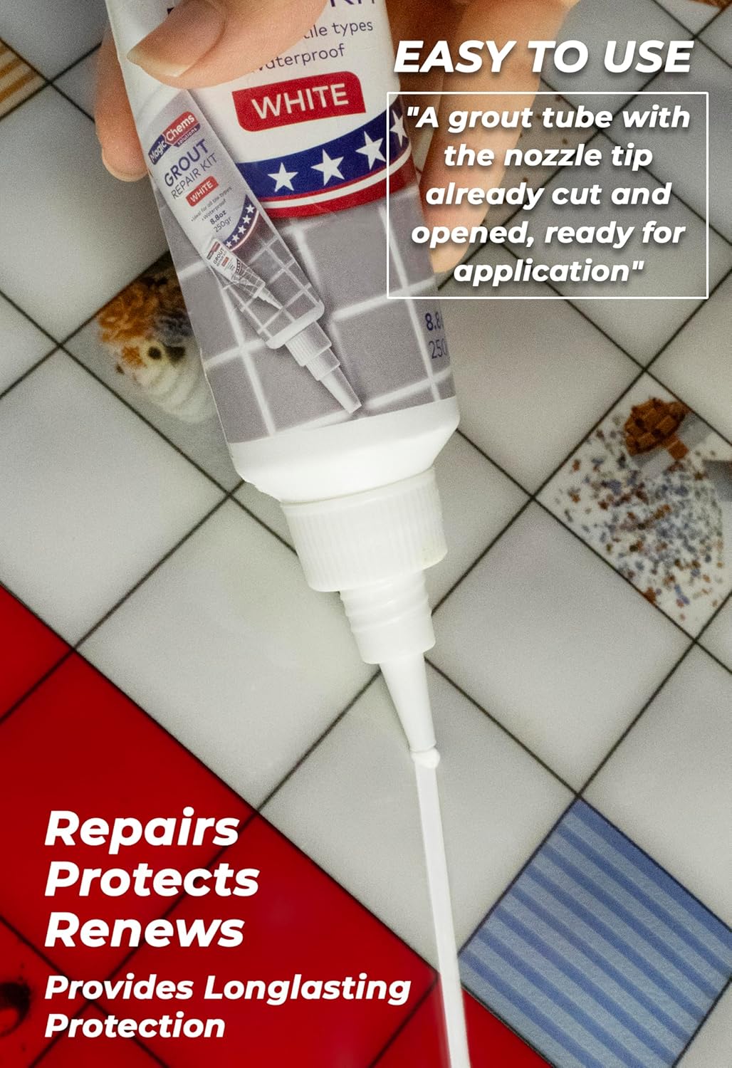 Tile Grout Repair, White 8.8 oz/250gr. Fast Drying Grout Repair Kit, Grout Filler Tube Repair Kit, Tile Grout Paint, Grout Sealer Restore and Renew Bathroom Floor, Tile Gaps, Joints, Lines