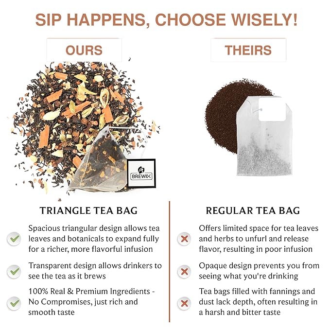 BREWIX, Masala Chai Tea Bags (25 Pyramid Tea Bags) Strong, Robust & Spicy - Pure Ingredients | Black Tea, Cinnamon, Ginger, Black Pepper, Cardamom & Cloves, Packed in Resealable Ziplock Pouch