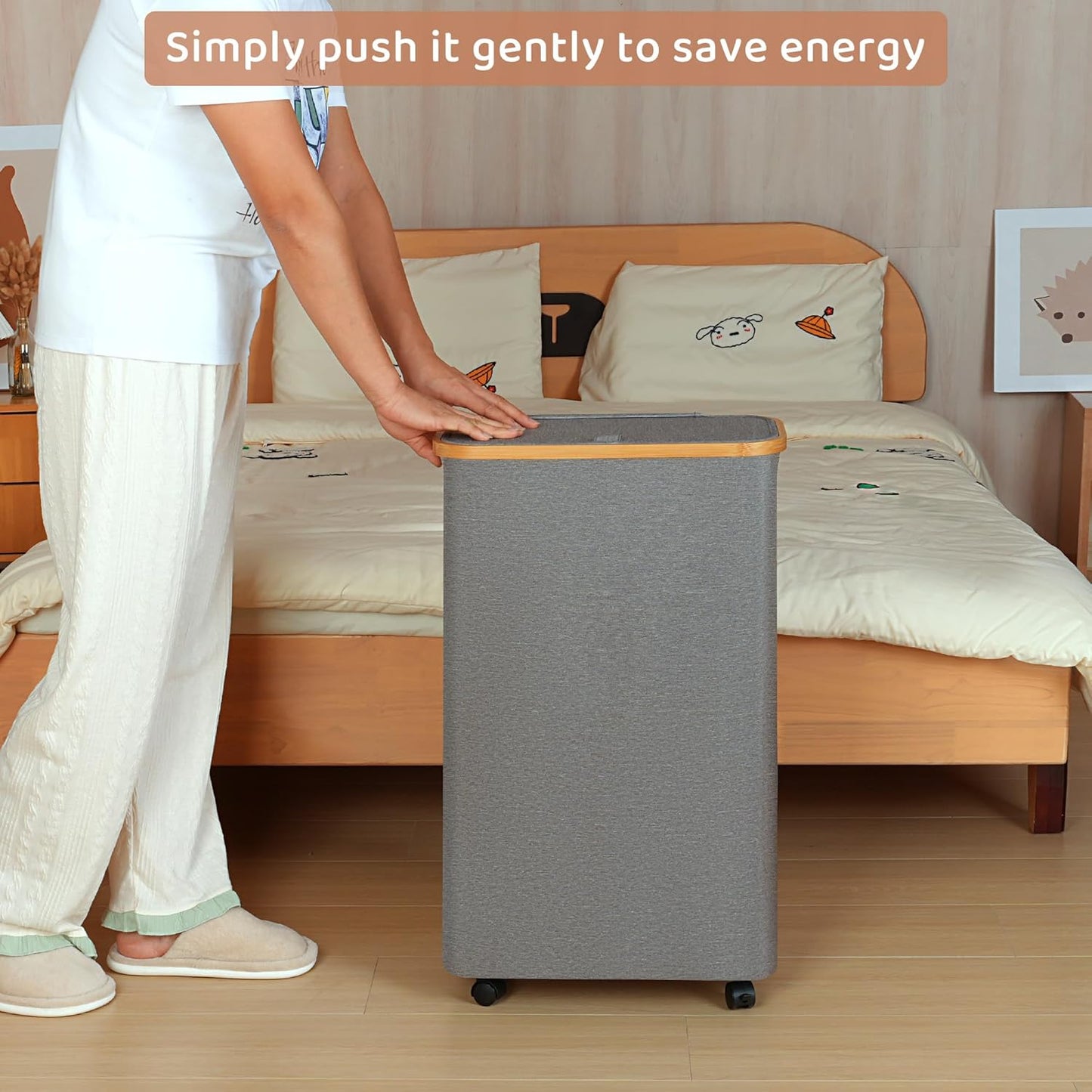 Slim Laundry Basket with Wheels,Narrow Hampers for Laundry, Laundry Hamper with Lid&Bamboo Handles,Dirty Clothes Hamper for for Bathroom Bedroom Dorm, 60L Grey