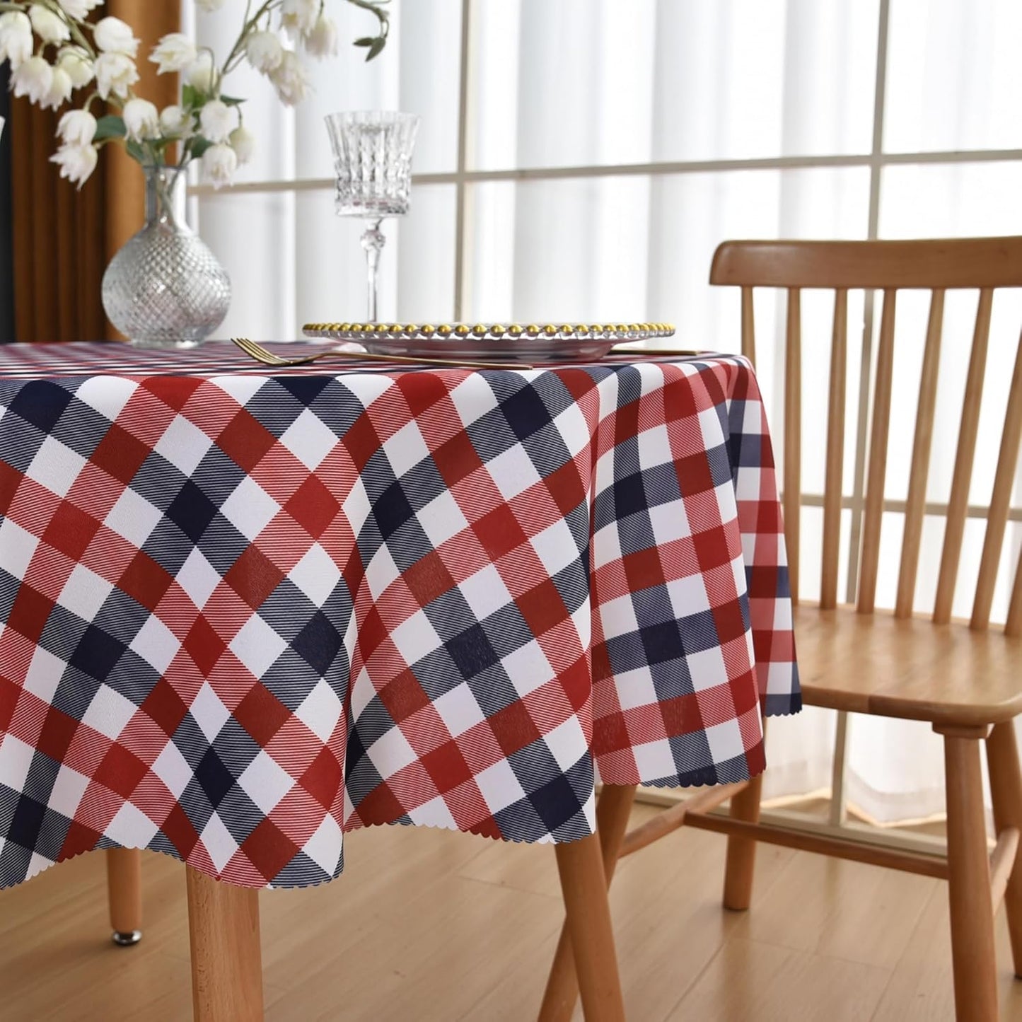 Waterproof Plaid Tablecloth Fabric - Round 120 Inch Classic Gingham Checker Table Cloth for Indoor/Outdoor Use - Buffalo Table Cover for Picnics, BBQs, and Parties