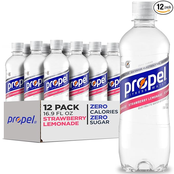Propel Electrolyte Enhanced Water Sports Drink, Strawberry Lemonade Flavored Water, Zero Calorie & Zero Sugar Hydration with Electrolytes and Vitamins C & E, 16.9 fl oz Water Bottles (12 Pack)