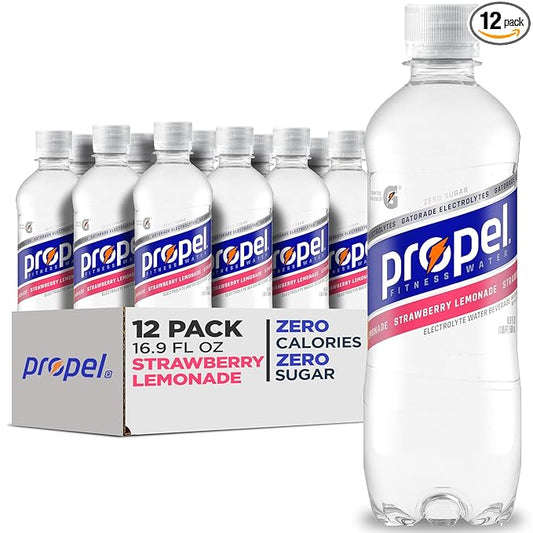 Propel Electrolyte Enhanced Water Sports Drink, Strawberry Lemonade Flavored Water, Zero Calorie & Zero Sugar Hydration with Electrolytes and Vitamins C & E, 16.9 fl oz Water Bottles (12 Pack)