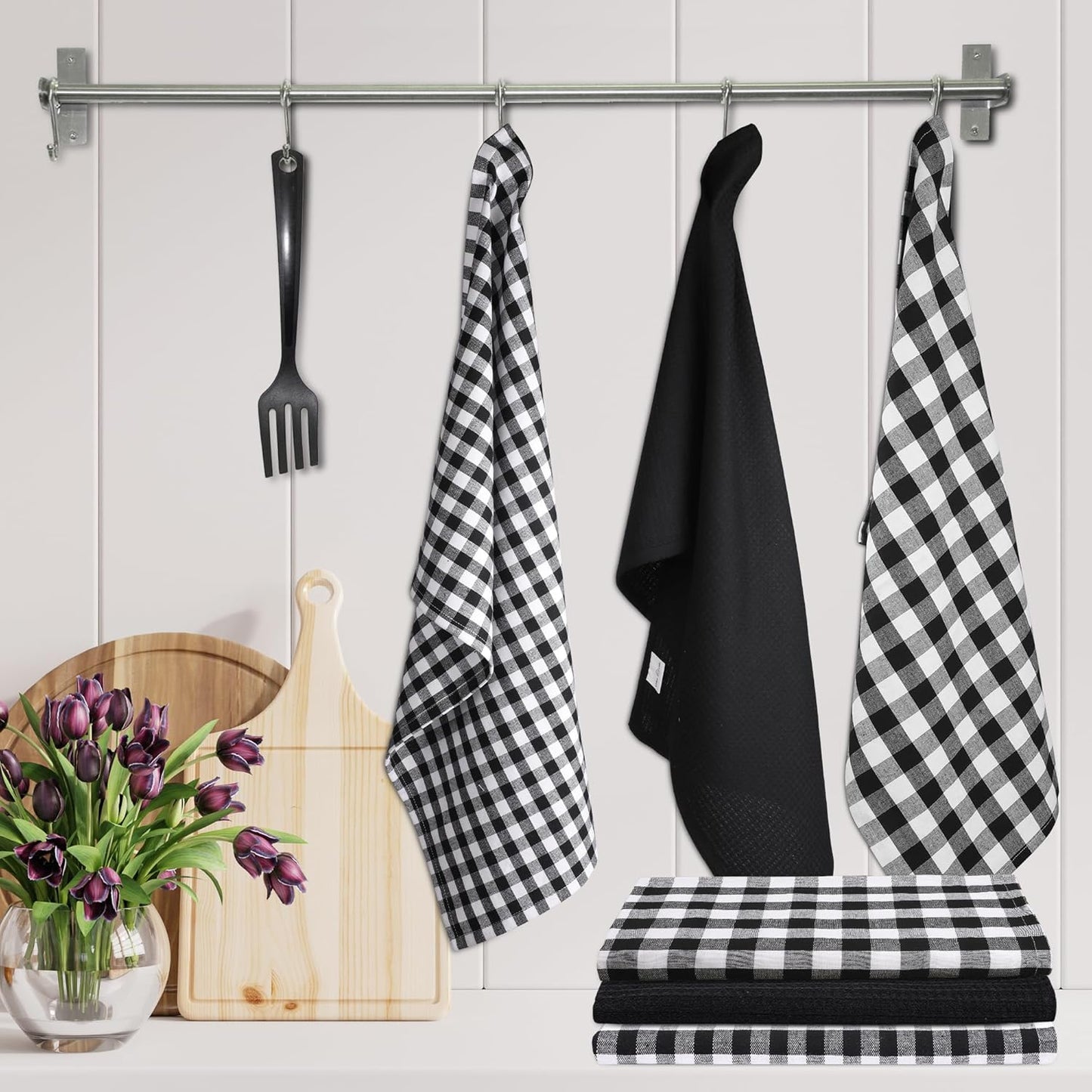 Kitchen Towels Set of 6 Soft Premium Cotton Highly Absorbent Dish Towels 18x28 Inches, Washable & Reusable Tea Towel, Quick Drying Dish Cloths with Hanging Loop - Black/White, Checks