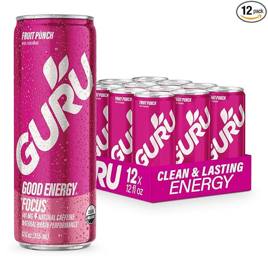 GURU Fruit Punch Organic Energy Drinks, Clean Energy Drink with Plant Based Natural Caffeine from Green Tea + Focus with L Theanine, Gluten Free and Vegan, 140MG Caffeine, 12oz (Pack of 12)
